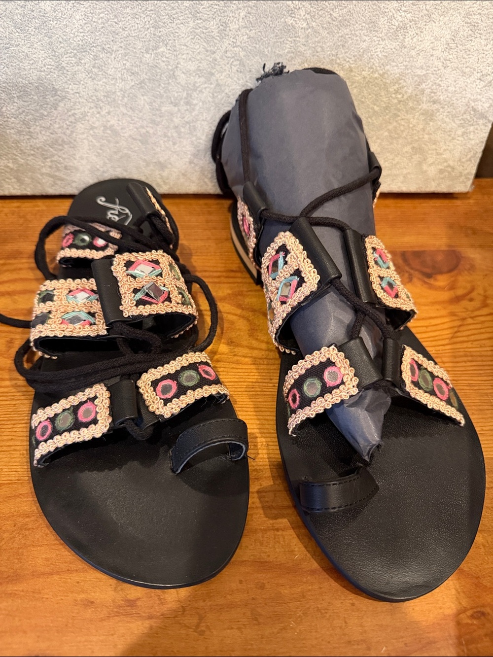 NIB Free People Women's Mantra Mirror Black Sandals Lace up size 37.5